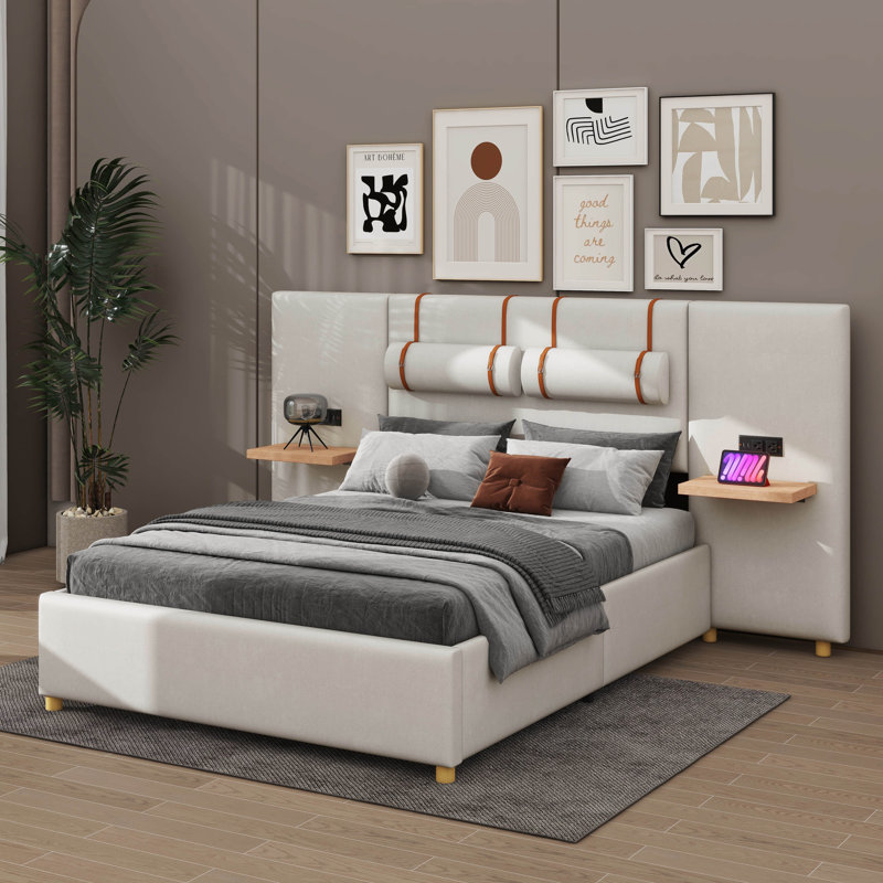 Lit plateforme tapissier avec deux prises, ports de chargement USB, deux coussins de chevet et tablettes de rangement, Double
