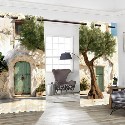 2Pcs rideaux à œillets filtrants, olivier méditerranéen, drapeaux imprimés du bâtiment européen, décor filtrant la lumière pour le salon, la chambre à coucher, le dortoir, la décoration intérieure