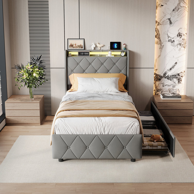 Upholstered Storage Bed, European Single (90 x 200 cm), Grey