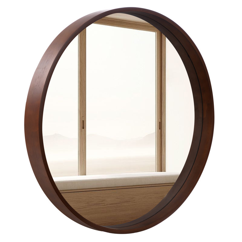 28" Walnut Round Mirror with Wood Frame