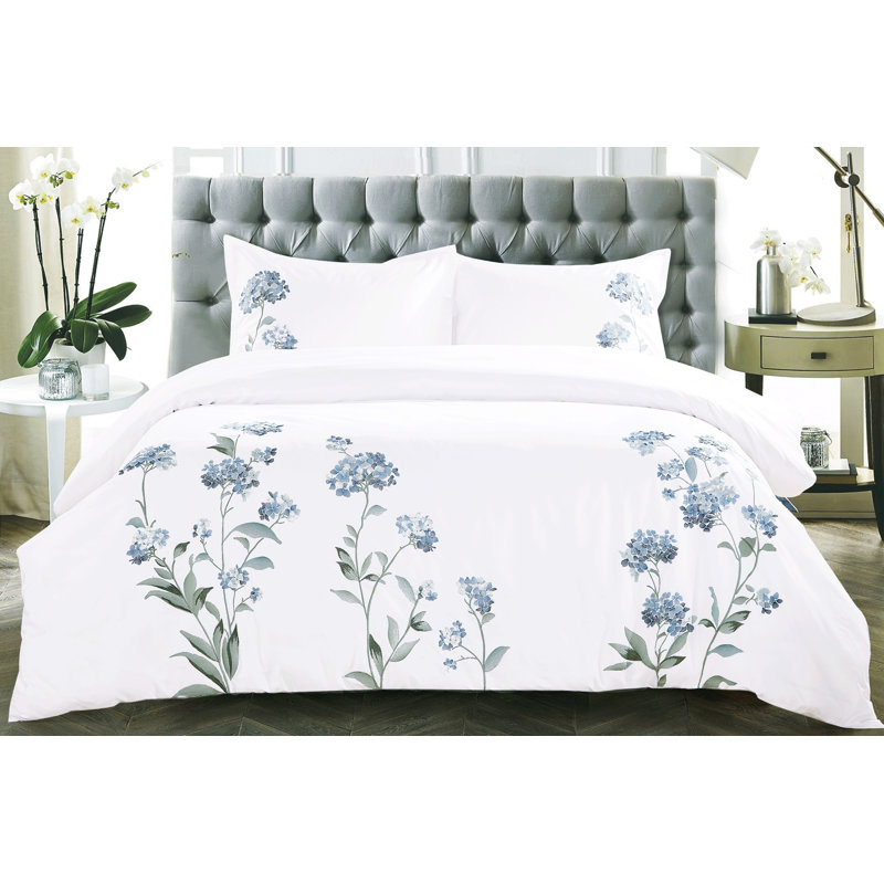 Modern & Contemporary Cotton Floral Duvet Cover, Queen Duvet Cover + 2 Standard Shams, Blue
