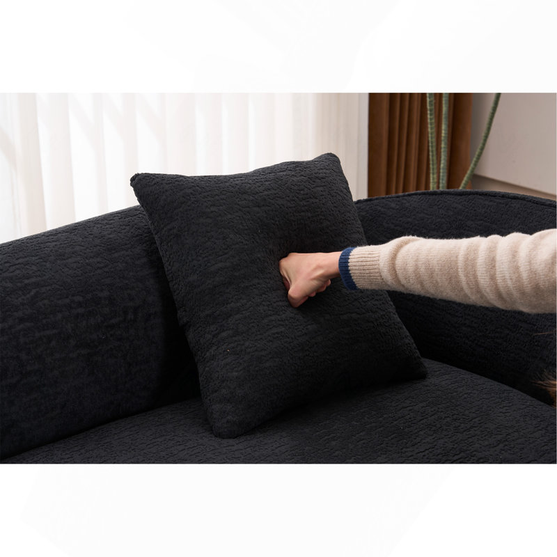 Causeuse moderne avec méridienne courbée et ergonomique moderne avec coussin, chenille noire, Black Chenille, Noir
