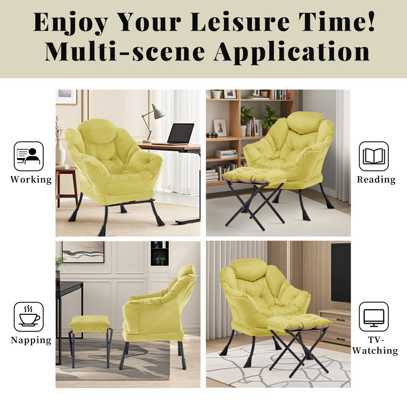 Upholstered Armchair with Footstool, Yellow