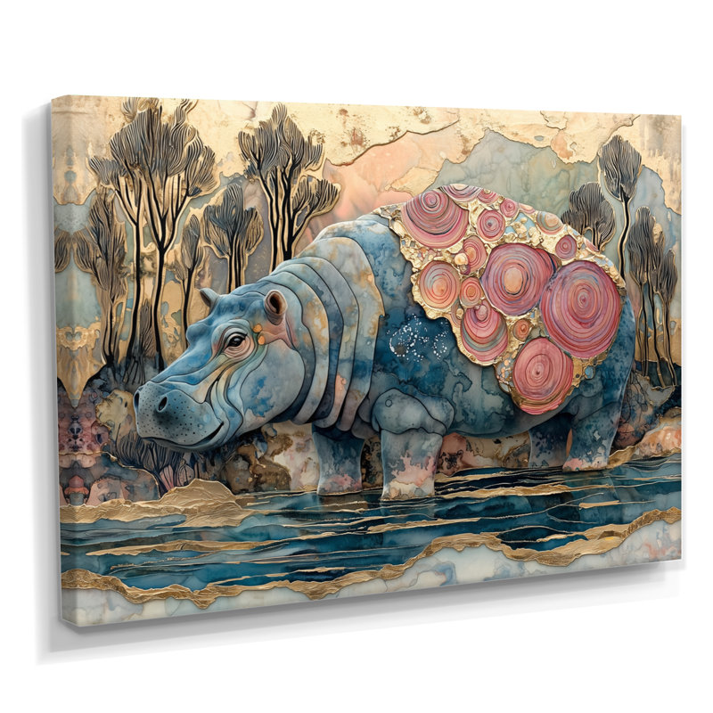 Hippopotame abstrait sérénité en Afrique II - Hippopotame mural, H 16 po x l 32 po, Toile tendue, Ne s’applique pas