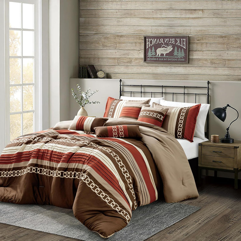 Ensemble d'édredon brun et beige 7 pièces, Édredon de très grande taille et 6 pièces suppl