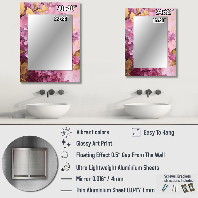Pink Gold Lilacs Fragrants Blossum - Floral Unique Wall Mirror, Traditional Mirror, Printed Metal Art, 32" x 24"