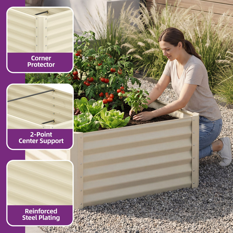 Galvanized Raised Garden Bed With Gloves, Cream, 36" H x 72" W x 36" D