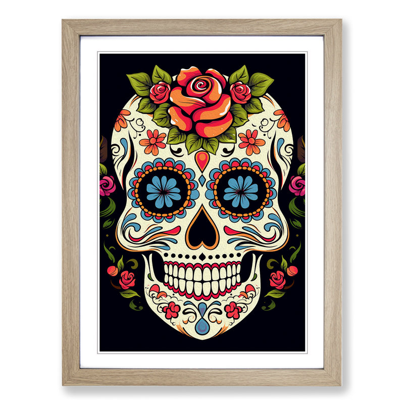 Sugar Skull Line No.4 - Single Picture Frame Print on Wood, 46cm H x 34cm W x 2cm D, Oak