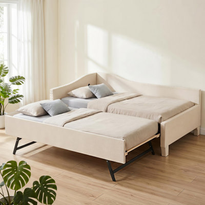 Lit de jour double rembourré en L 80 po avec couchette gigogne et port USB beige, garniture cloutée pour chambre d'amis, petits espaces