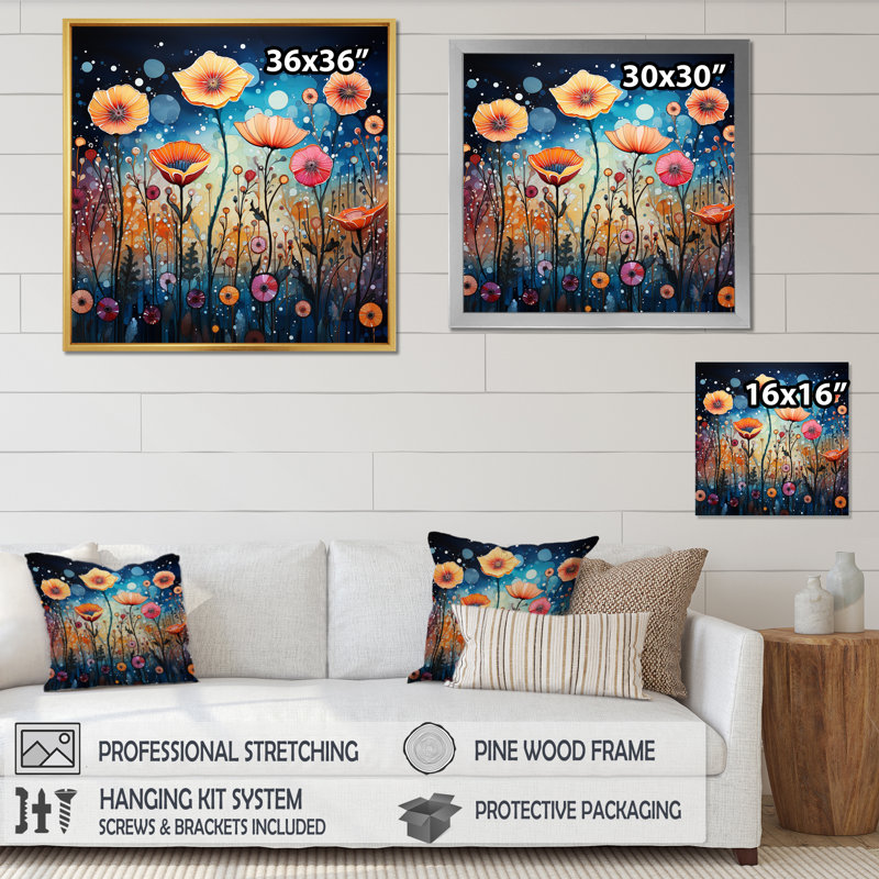 Fleurs sauvages fantaisistes pointillisme II sur toile, H 30 po x l 30 po x P 1 po, Cadre simple noir