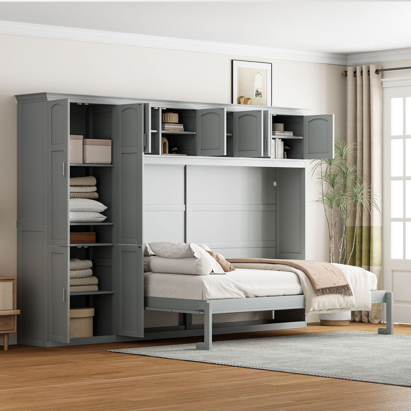 Grand lit escamotable mural avec armoires, gris, Gris