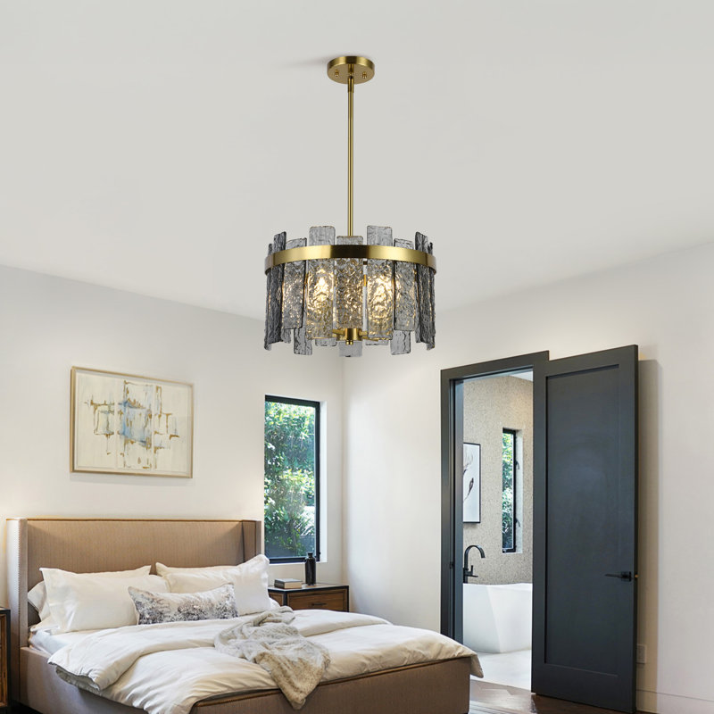 Lustre tambour 4 lumières avec verre texturé, Gray, 4