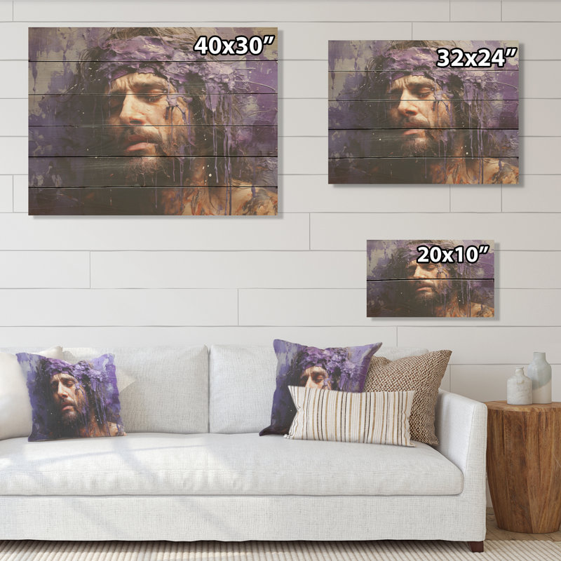 «Jesus Passions», collage mural mauve, art mural sur bois de pin naturel, H 30 po x l 40 po