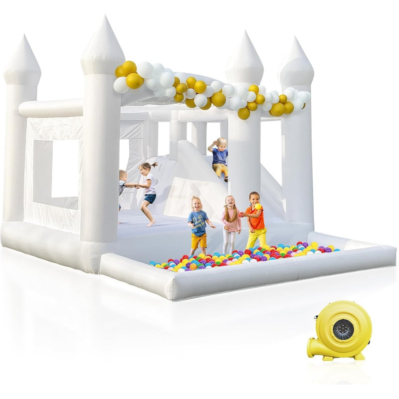 15' x 13' White Oxford Bounce House with Ball Pit, Slide & Climbing Wall, Indoor/Outdoor Inflatable Castle with 680W Air Blower