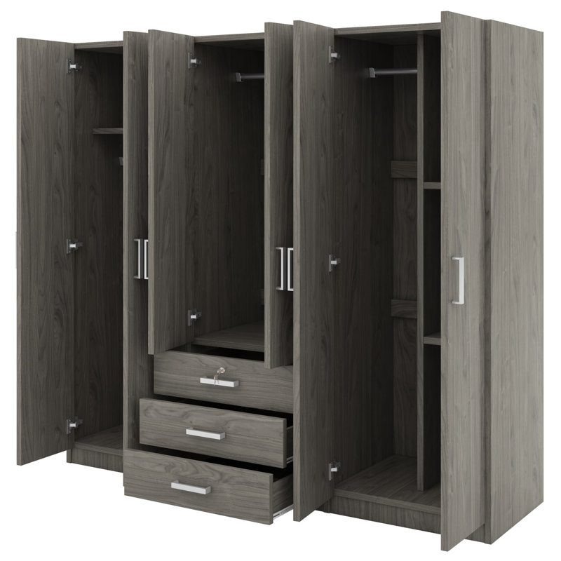 Rangement pour garde-robe en bois à 6 portes avec 6 grands tiroirs, Gris