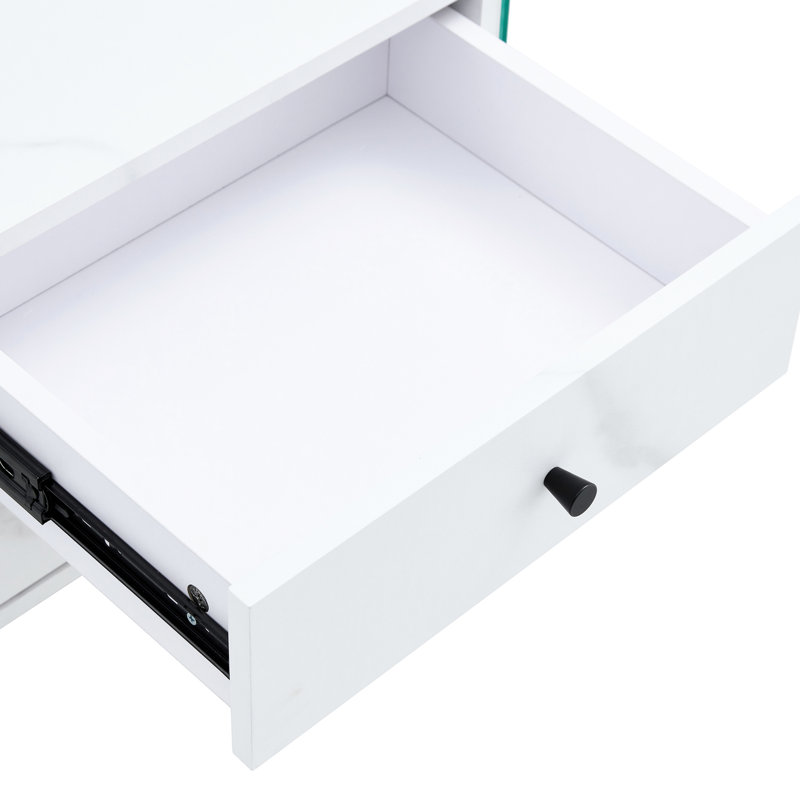 Table de chevet double avec surface et verre - blanc, 19,38 po Grand, 15,74 po de largeur, 17,52 po de profondeur, 41,53 lb, écoénergétique de couleur blanche, autocollant et combinaison trempée, conception simple et élégante