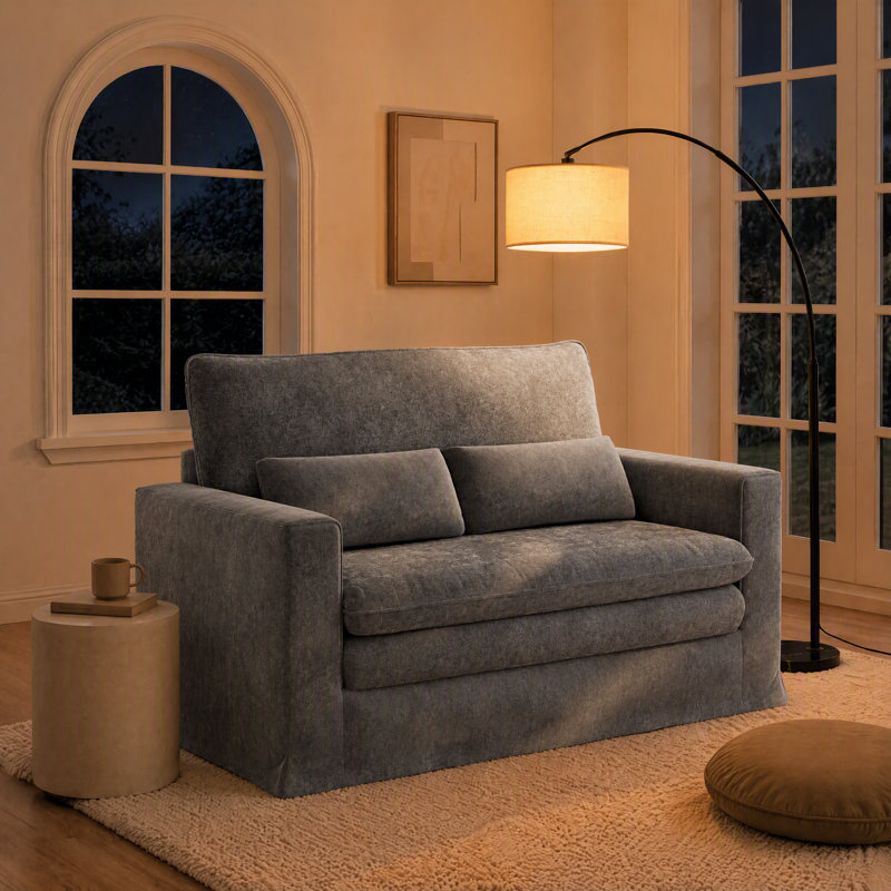 Canapé deux places en chenille avec 2 coussins, modèle infonuagique, accoudoirs carrés, Gris