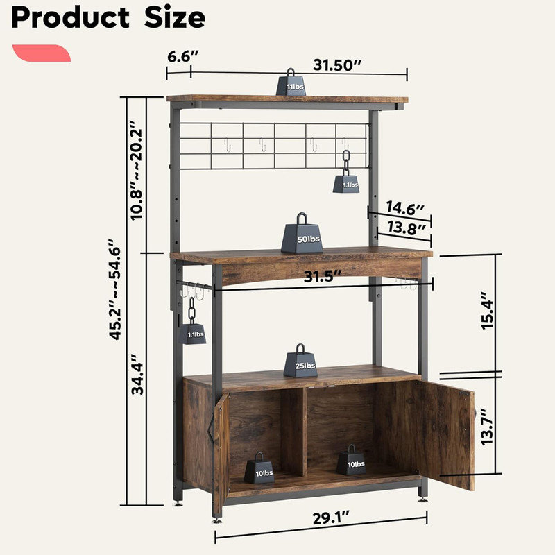 Bakers Racks with Cabinet, Microwave Stand for Kitchen with Wheels, Rolling Coffee Bar Shelf, Rustic Brown