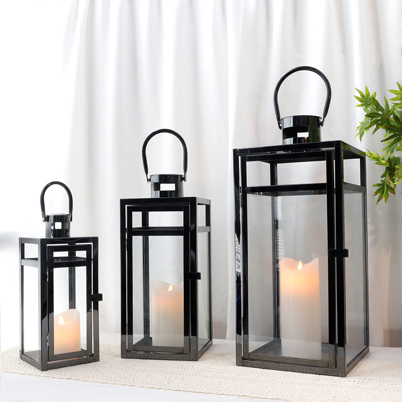 3pcs Black Metal Candle Lantern - Assorted Sizes (48/38/30cm High)