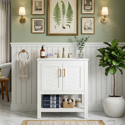 24" Freestanding Bathroom Vanity With Ceramic Sink, Solid Wood Blend Storage Cabinet With 3D Twill Design & Adjustable Shelf, Black/White/Blue