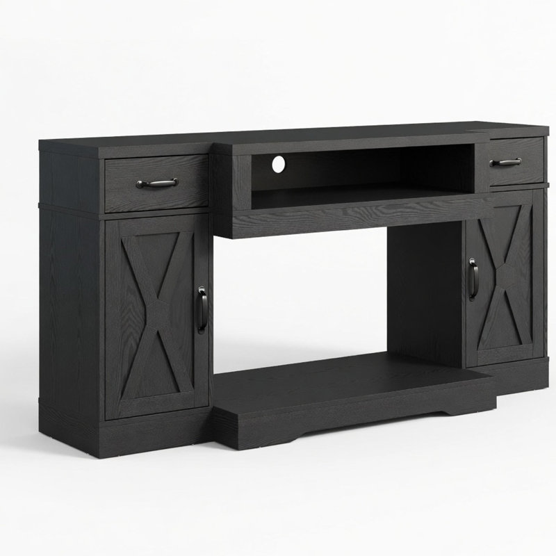 Meuble télé noir de style ferme de 64,5 pouces avec portes à croisillons, 2 tiroirs et 2 placards, compatible avec les téléviseurs de 75 pouces.