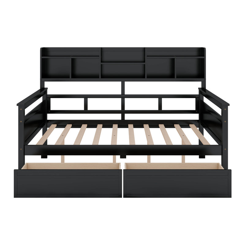 Daybed, Wood Slat Support, with Bedside Shelf and Two Drawers, Espresso, Full / Double