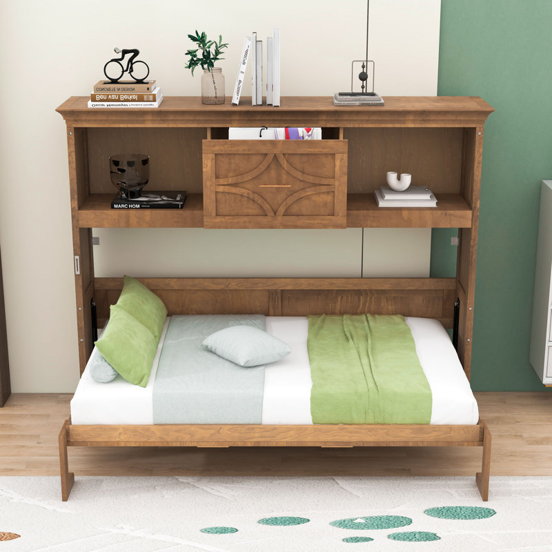 Lit escamotable simple avec station de charge et tiroir de rangement, Bois