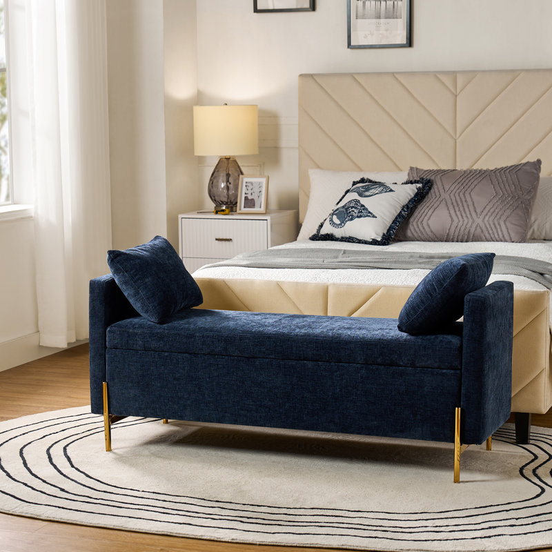 Aristides 56''W Upholstered Flip Top Bench with Subdivided Storage and Toss Pillows, Navy Chenille