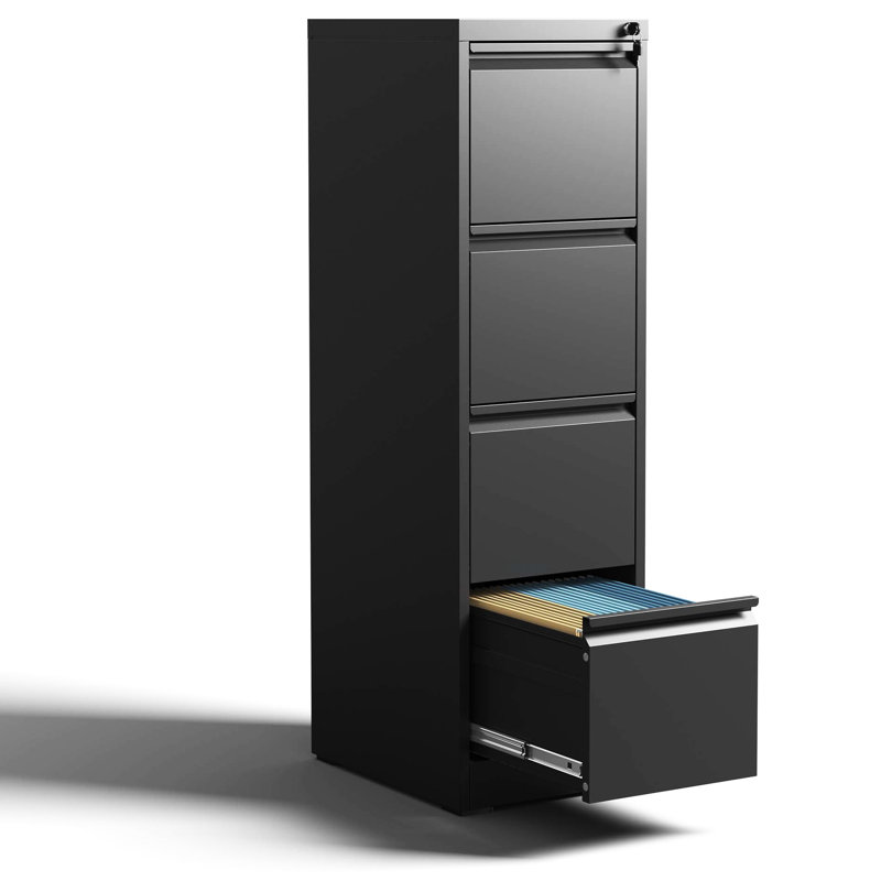 Metal 4 Office/Home File Cabinet, Build, Smooth Sliding Mechanism, Tilt, Black Modern Storage Unit Cabinet With Lock, Storage, Powder-Coated Finish, Container