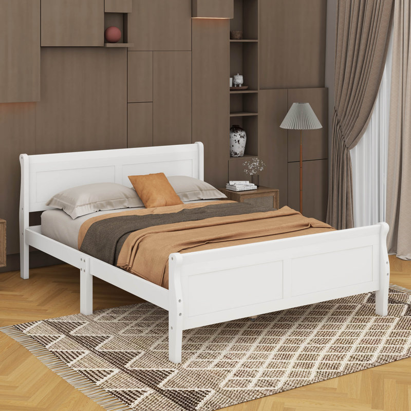 Lit plateforme en bois avec tête de lit, Blanc, Grand lit