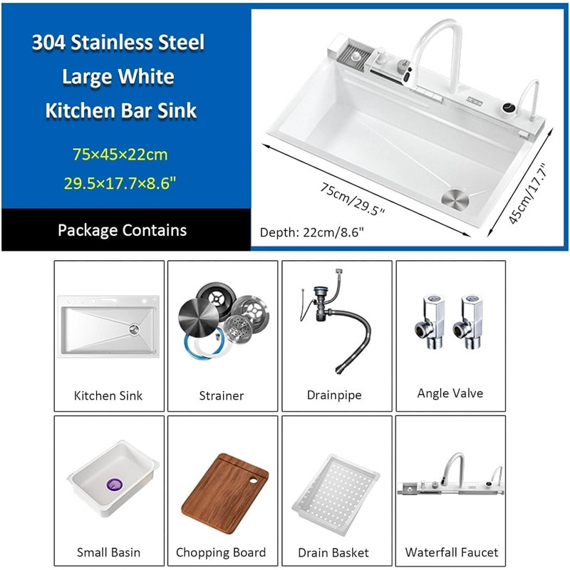 29.5 X 17.7 Inch Full Digital Display Embossed Stainless Steel Full Raindance Waterfall Kitchen Sink With Pressurized Cup Washer And Two Waterfalls