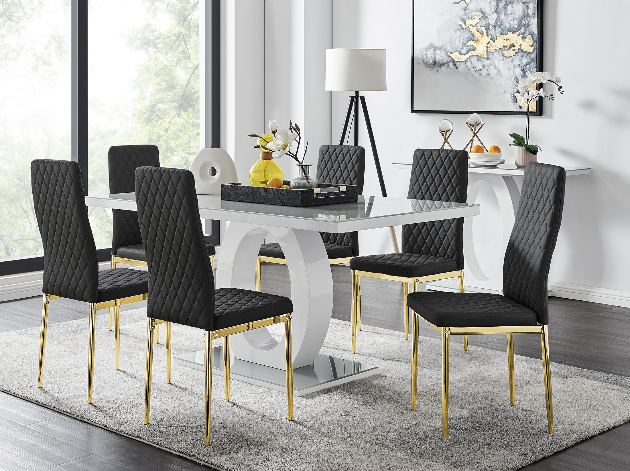 Canora Grey Scottsmoor High Gloss Halo Dining Table Set & 6 Luxury Faux ...