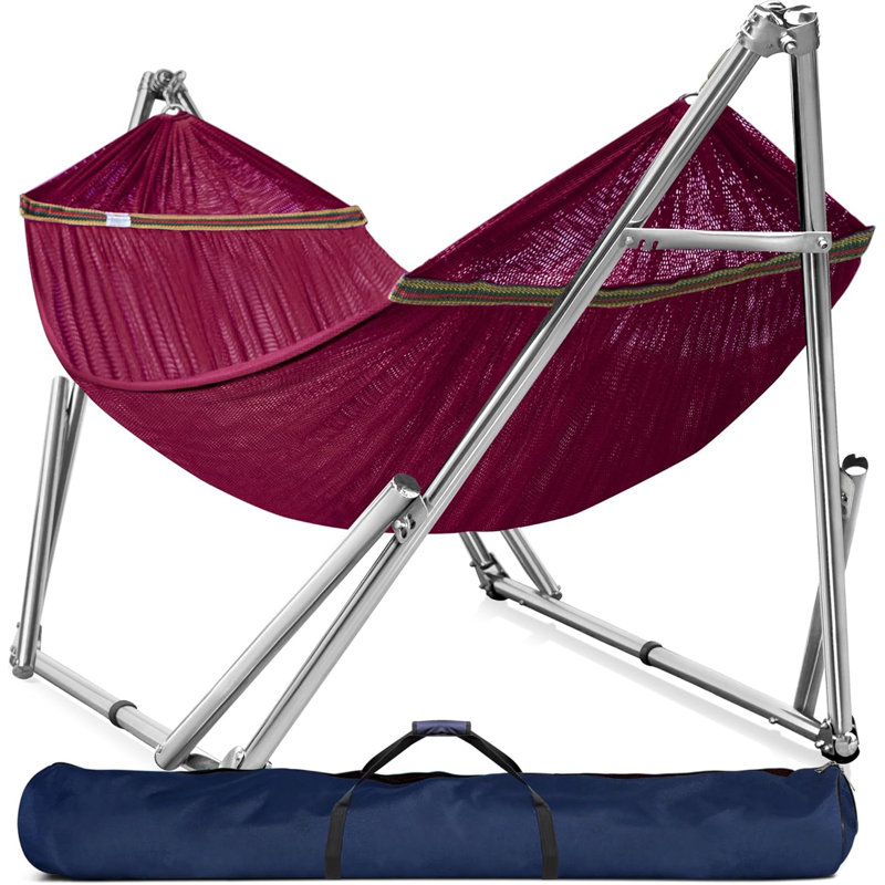  Hamac double avec support Capacité de 650 lb Hamac double avec barre d'écartement, acier inoxydable de qualité 201, installation des années 30, portatif robuste et flexible, intérieur extérieur, rouge
