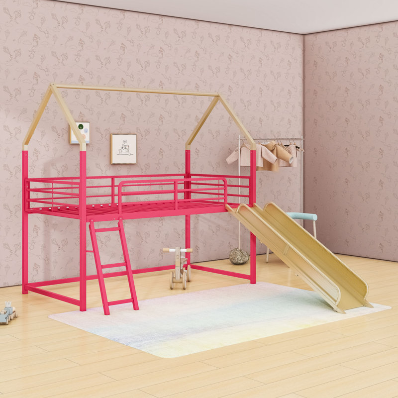 Twin Metal Loft Bed With Curtain, Slide And Ladder, Gold/Red