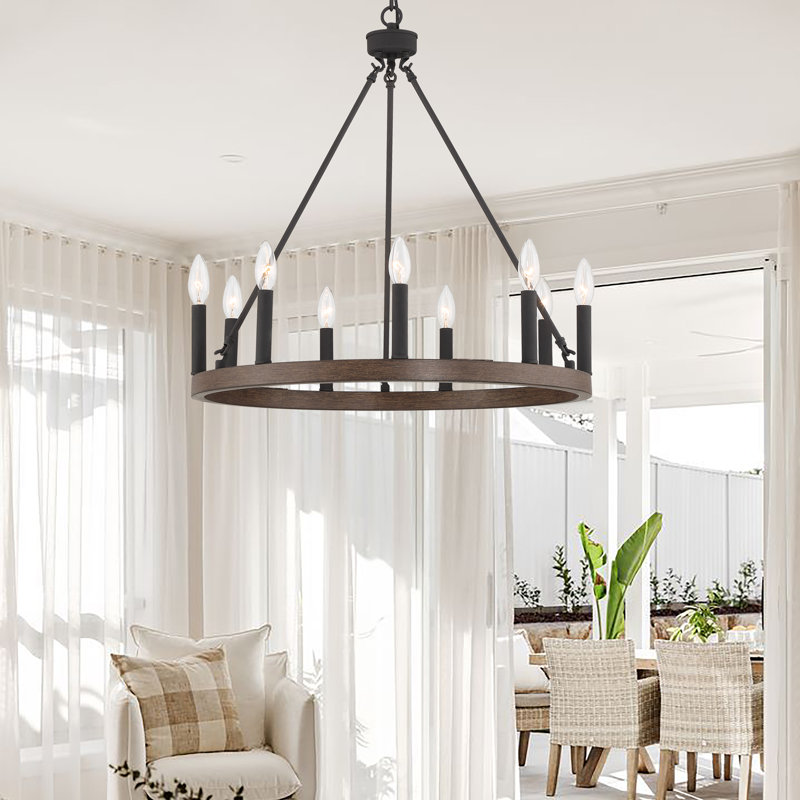 Adriana 9-Light Dimmable Wagon Wheel Chandelier with Sloped Ceiling Adapter, Weathered Walnut, 24" H x 24" W x 24" D