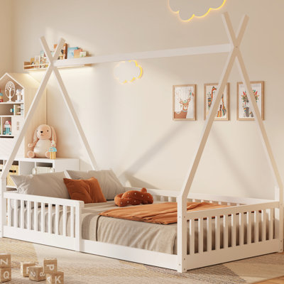 White Twin Size Fence House Bed - Crafted From Pine Wood For Bedroom With Stable And