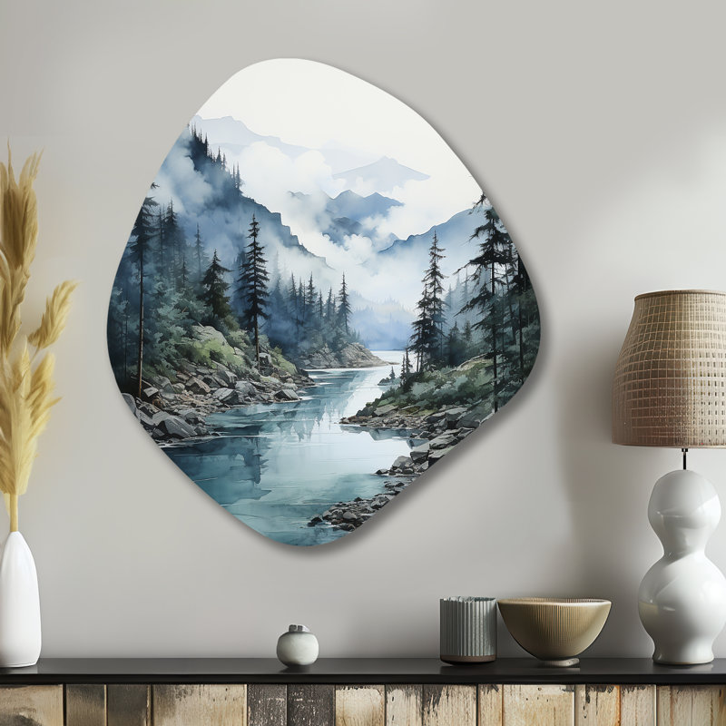 Gris gris bleu, forêt minimaliste, Reflections II - Minimalisme nébuleuse, art mural asymétrique en métal, H 35 po x l 31 po