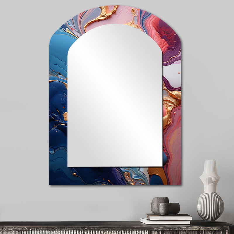 Trippy rose bleu abstrait liquide encre III - Abstrait arche miroir décoratif sur métal, 34 po x 25 po