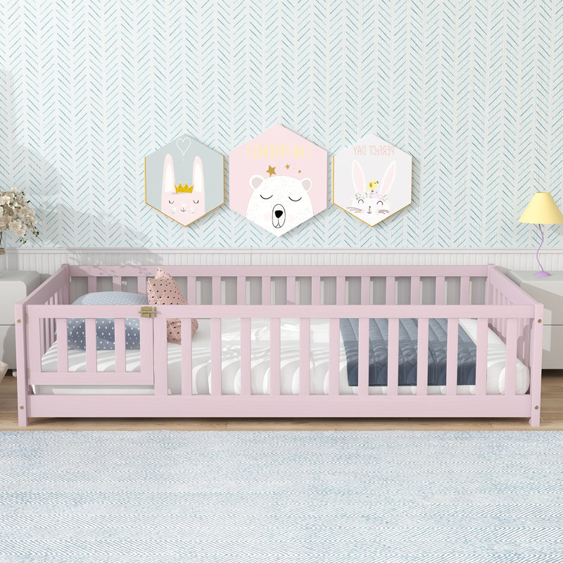 Twin Size Floor Bed With Fence And Door,Rubber Wood Floor Bed With Safety Guardrails,Pink
