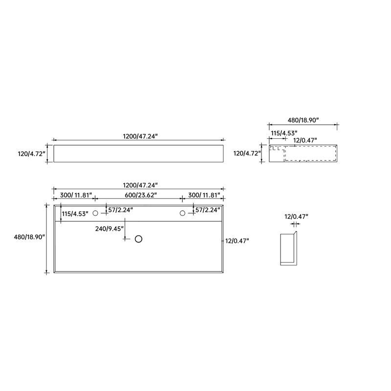 Lavabo de salle de bain mural 47 "avec double trou pour robinet