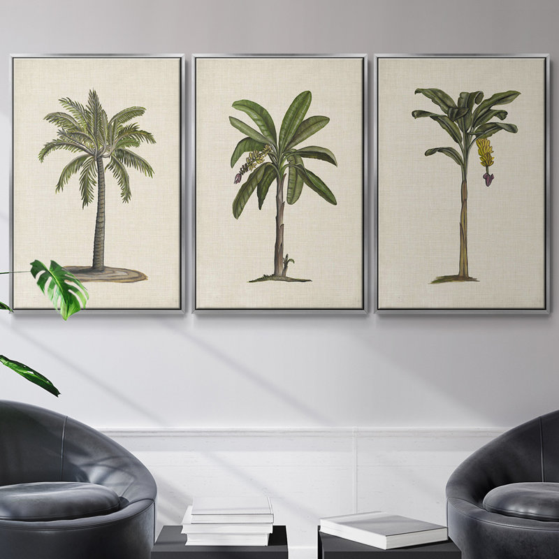 Ensemble de 3 palmiers UK CH AU U CH encadrés sur toile, Argent, H 27 po x l 54 po