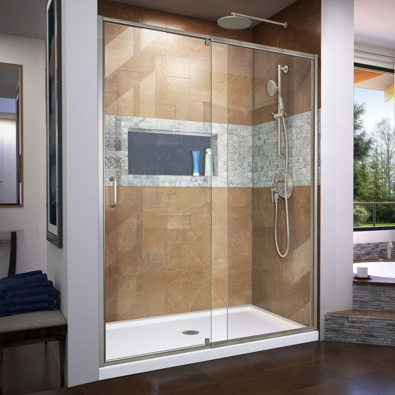 Flex 60" W x 30" D x 74.75" H Semi-Frameless Rectangle Pivot Shower Enclosure with Base Included, Center