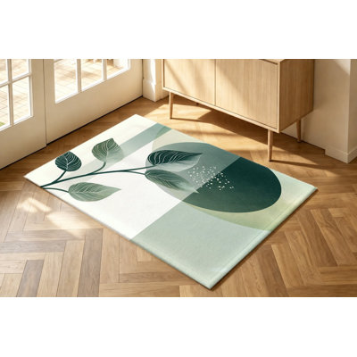 Tapis botanique à feuilles vertes moderne abstrait, motif de feuillage géométrique minimaliste, tapis antidérapant doux, durable et lavable à la machine, décoration intérieure élégante pour le salon, la chambre à coucher, la salle à manger, le couloir, appartement