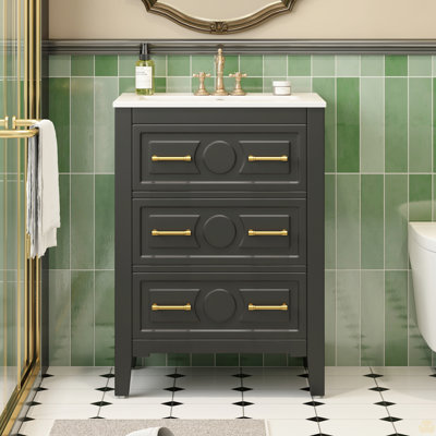 24'' Bathroom Vanity With Ceramic Sink Combo, Free Standing Single Vanity Set With 3 Drawers