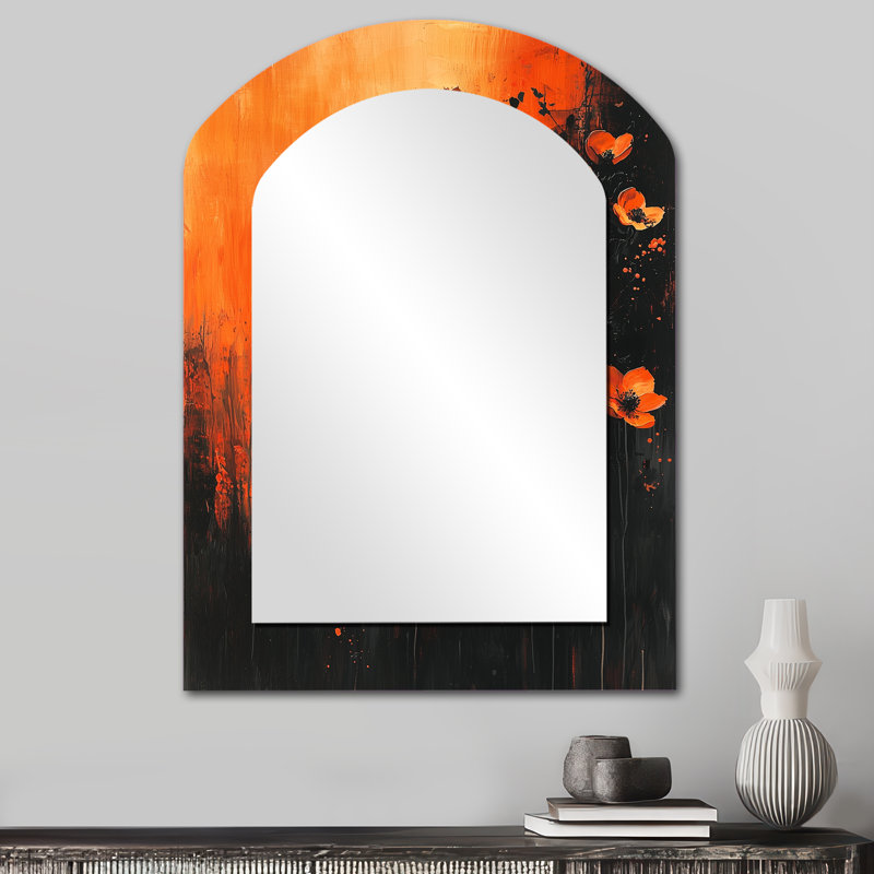 «Burning Wildflowers In Orange Expressionism I» - miroir mural asymétrique Wildflowers, miroir décoratif à arche orange, impression d'art en métal