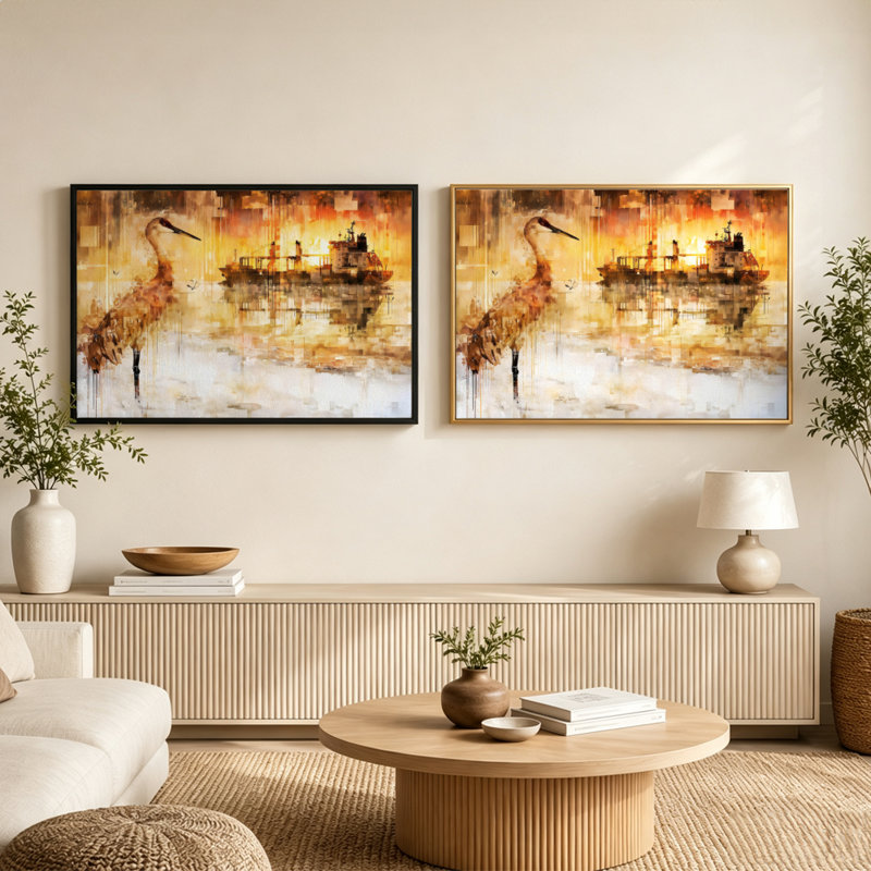 "Sandhill Crane Water Ship Fiery Sunset", art mural sur toile avec cadre flottant, 16 x 24 po, Blanc