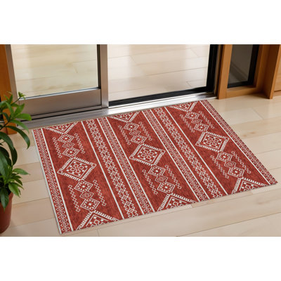 Tapis intérieur / extérieur 3 pi x 5 pi rouge et ivoire lavable Southwestern
