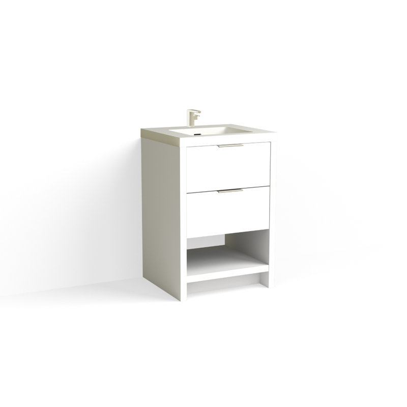 Vue 24" W Freestanding Single Bathroom Vanity, Matte White/Single, White Nanomatte, Polished Nickel