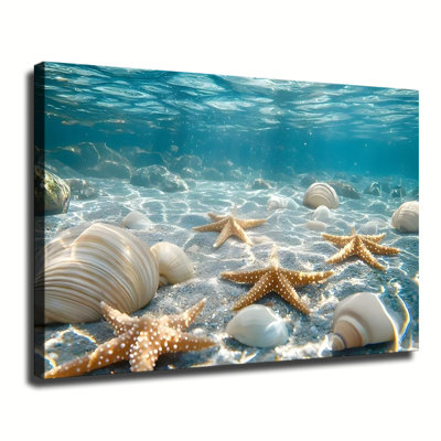 Underwater Starfish & Seashells Canvas Wall Art Framed Ready to Hang Living Room Bedroom Home Decor