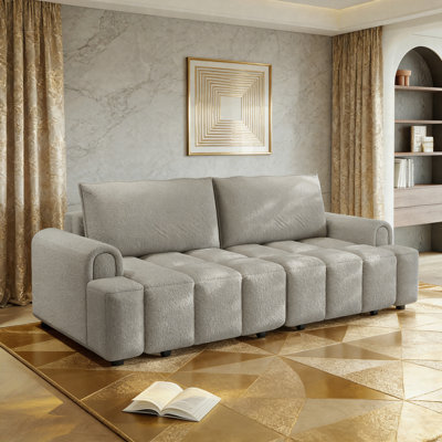 90.2" 4-Seater Modern Teddy Fabric Sofa With Storage, 3-In-1 Convertible Sleeper Couch, King Size Space-Saving Design